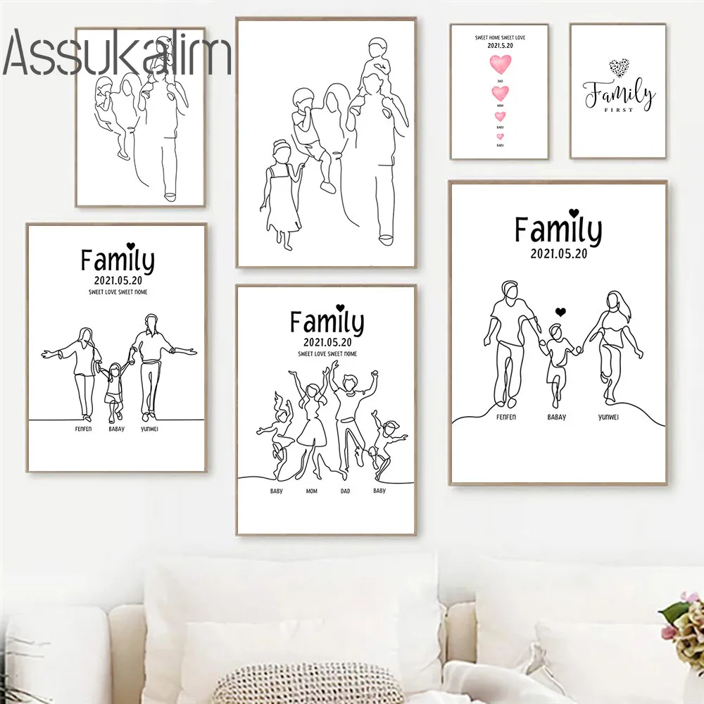 

Миниатюрные настенные постеры всей семьи, постер с датой на заказ, абстрактная линия, рисунок, картины в скандинавском стиле, декор для гост...