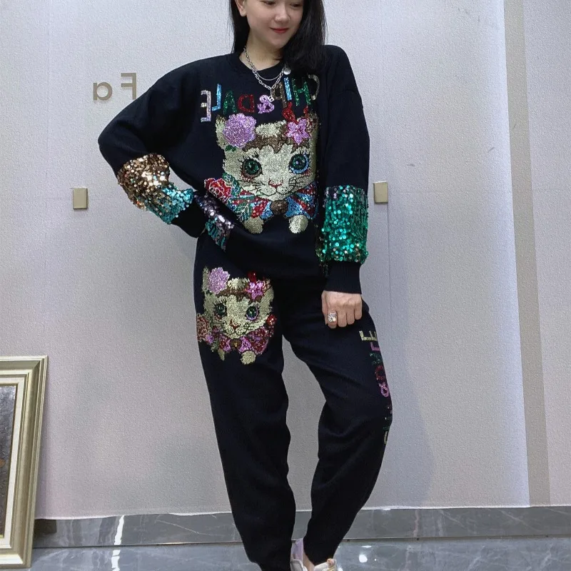 Женская одежда популярный вязаный костюм Новинка Осень 2024 брюки с длинным