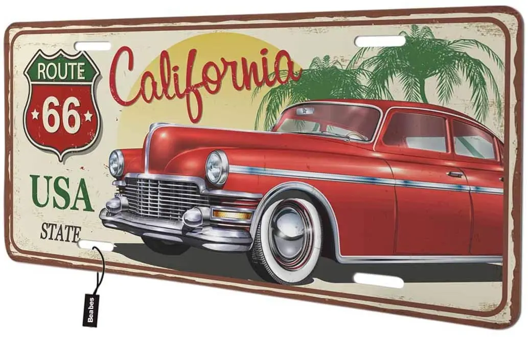 

Beabes California Route 66 Front License Plate Cover,USA State Red Vintage Car Palm Tree Decorative License Plates for Car