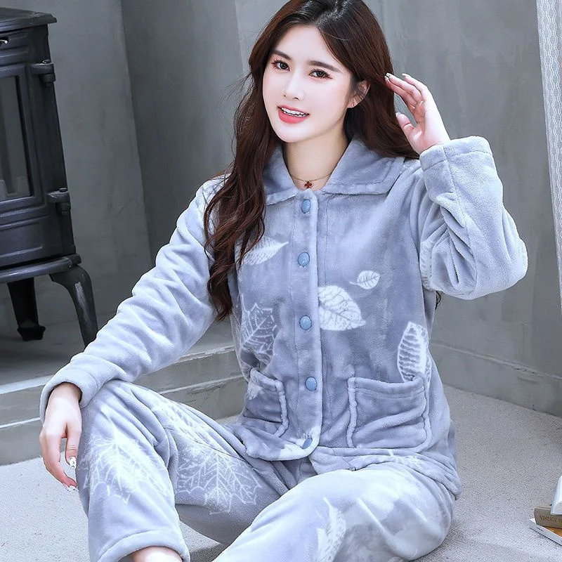 Winter Pajamas Set Sexy Sleepwear For Women Warm Thick Pyjama Women's Flannel 2022 Fashion Flower Print Homewear Big Size