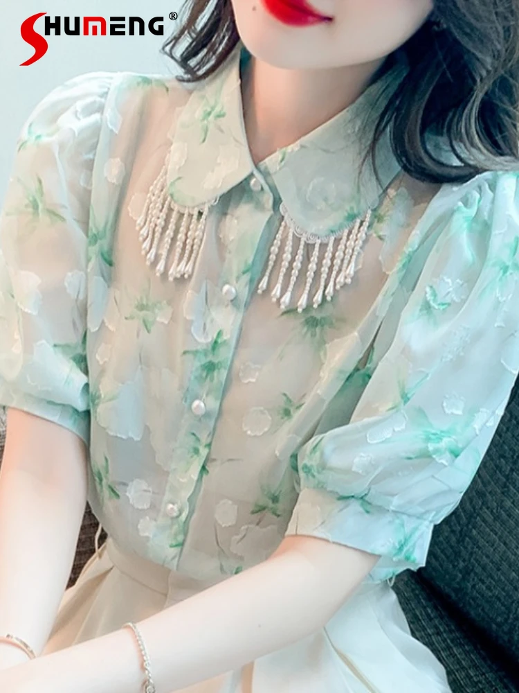 

Loose Floral Printed Short Puff Sleeve Tassel Beaded Shirts Ladies 2022 Summer Gentle Doll Collar Bubble Chiffon Blouse Women