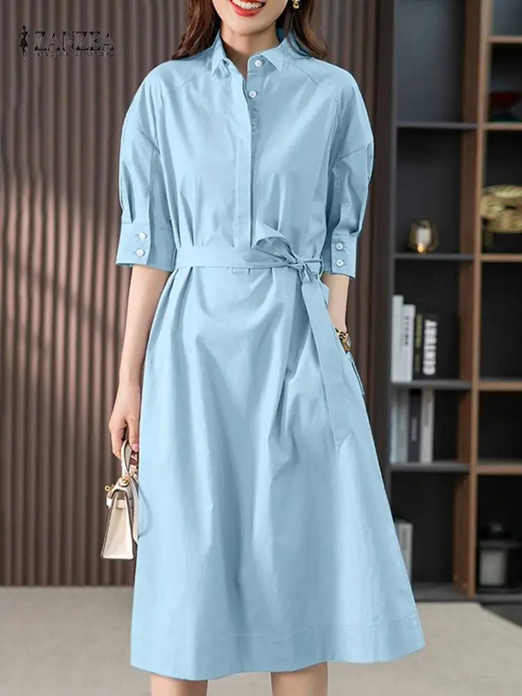 

Fashion Short Sleeve Solid Knee-length Dress ZANZEA Women Autumn Shirtdress Elegant OL Work Sundress Robe Femme Kaftan Vestido