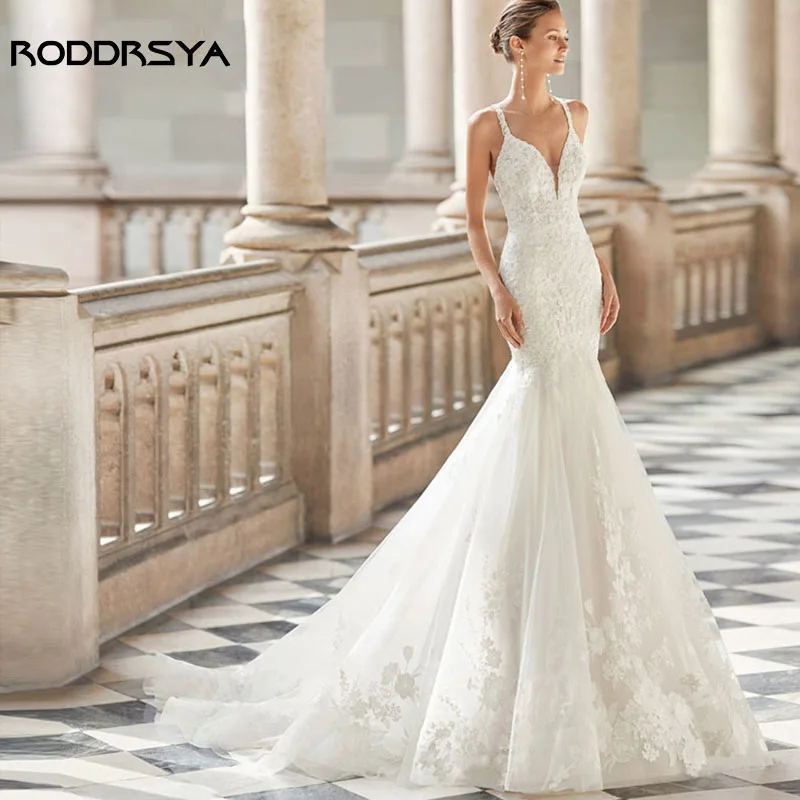 

RODDRSYA Perfect V-Neck Mermaid Wedding Dresses 2023 Sexy Lace Sleeveless Bride Gown Backless Sweep Train Vestidos De Noiva