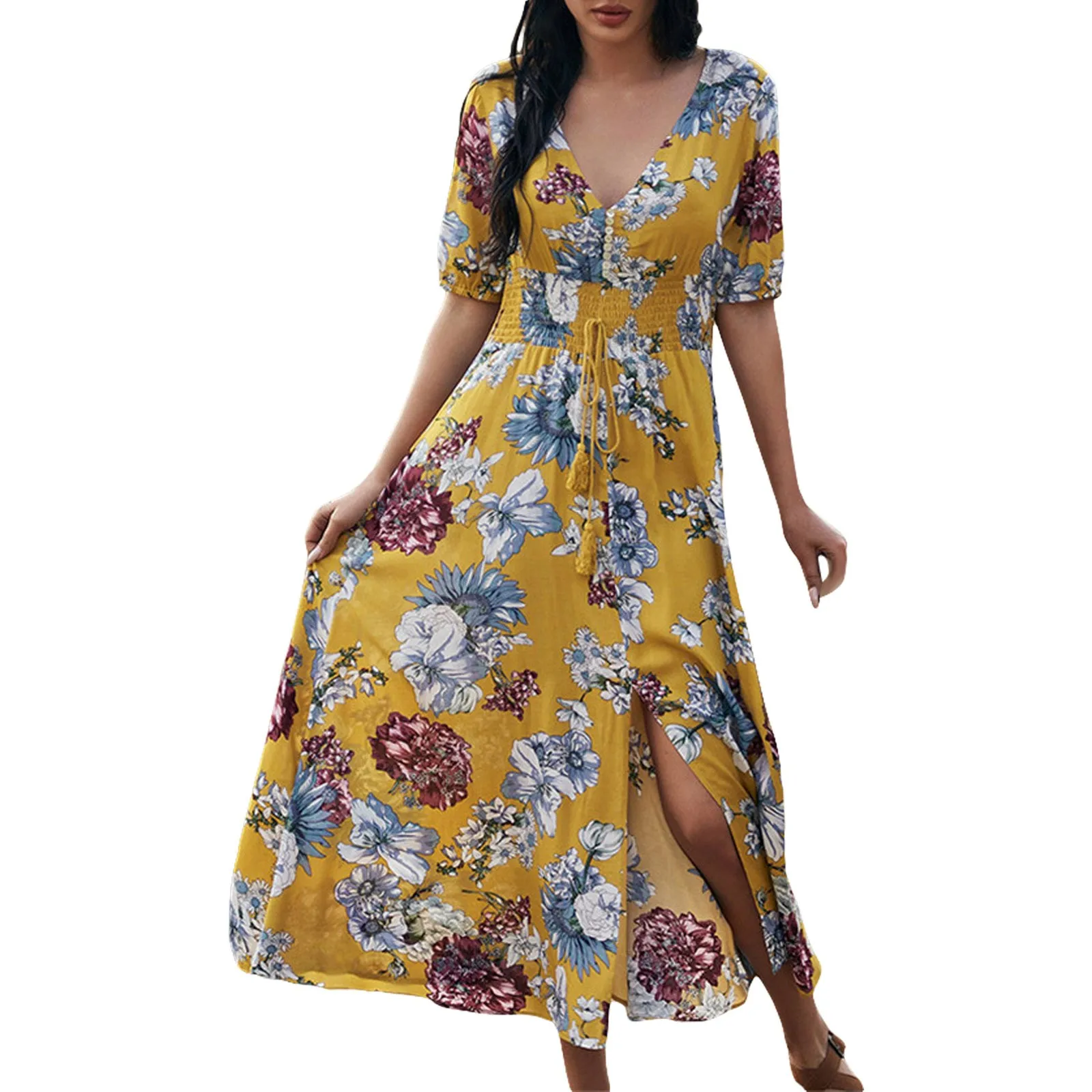 

Dresses for Women Silk Women's Dress Floral Printing V Neck Fashion Holiday Style Middle Long Sleeve Dresses for Women Casual