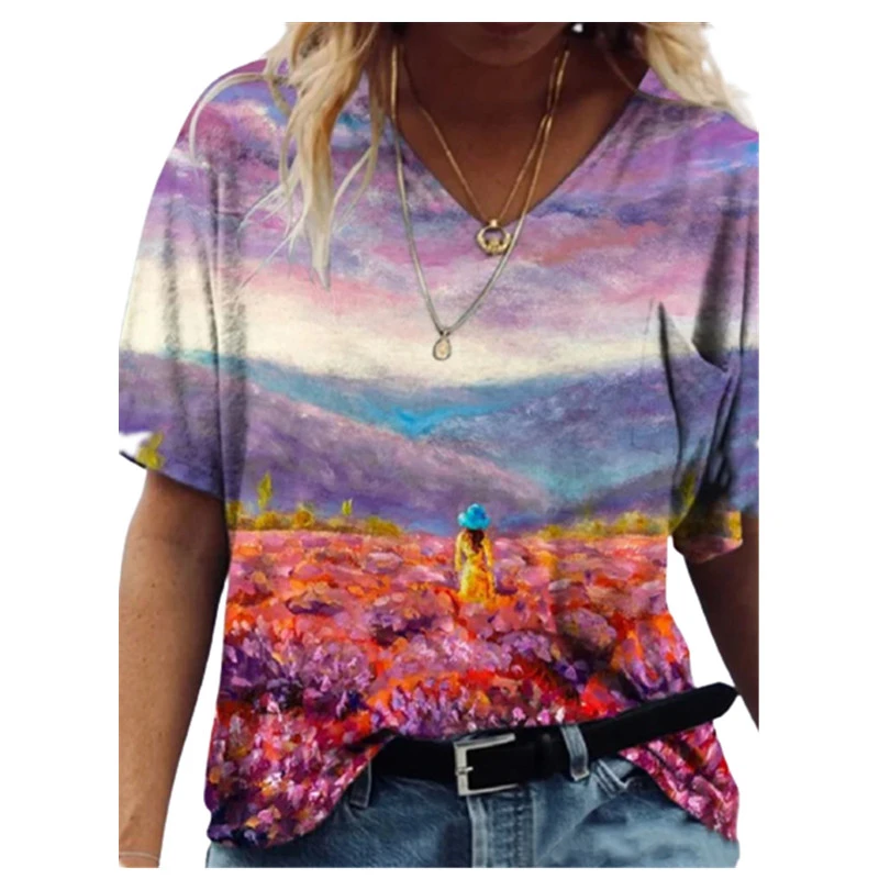 

3D Cartoons Floral Print Women T Shirt Summer 2021 New Fashion Casual Short Sleeve V-Neck Loose Tops Ladies Streetwear Plus Size