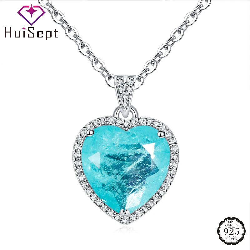 

HuiSept 925 Silver Jewelry Necklace with Sapphire Zircon Gemstone Heart Shape Pendant Accessories for Women Wedding Party Gift