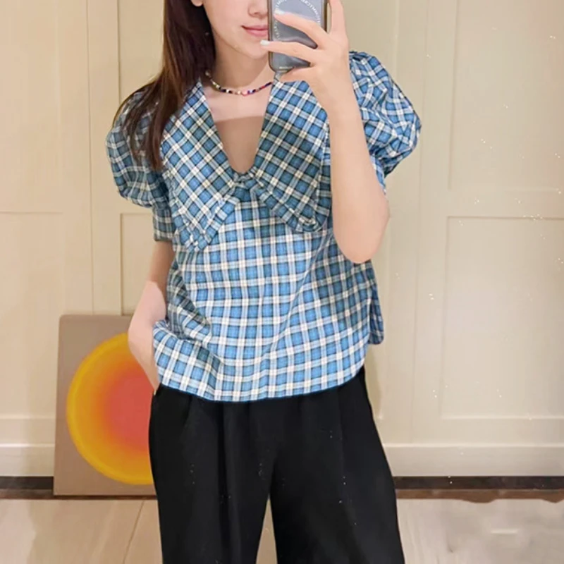 

Gan* Summer Women Plaid Tee Blouse Vintage Peter Pan Collar Lantern Sleeves Classic All-match Simple Style Ladies Office Shirt
