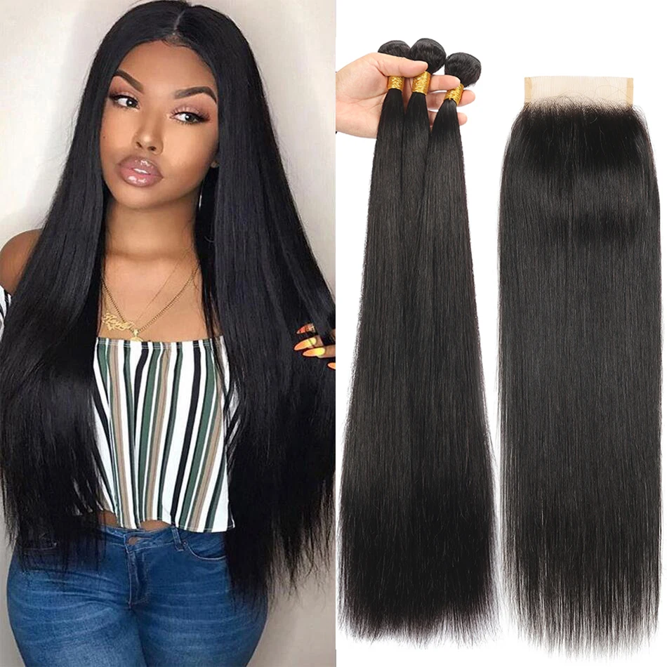 

12A Straight Bundles With Closure 4x4 HD Transparent Lace Frontal Closure With Bundles Peruvian Lemoda Remy Hair Weave Extension