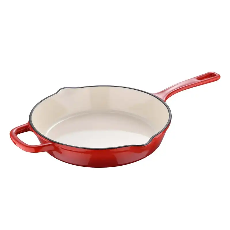 

- 10" Enamel Cast Iron Fry Pan with Helper Handle, Pour Spouts and Ombre Design, 10 Inches, Red