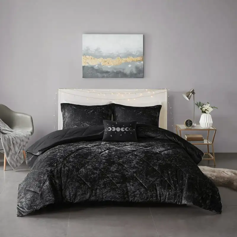 

Alyssa Quilted Black Velvet 4 Piece DuvetSet, Full/Queen For Adults