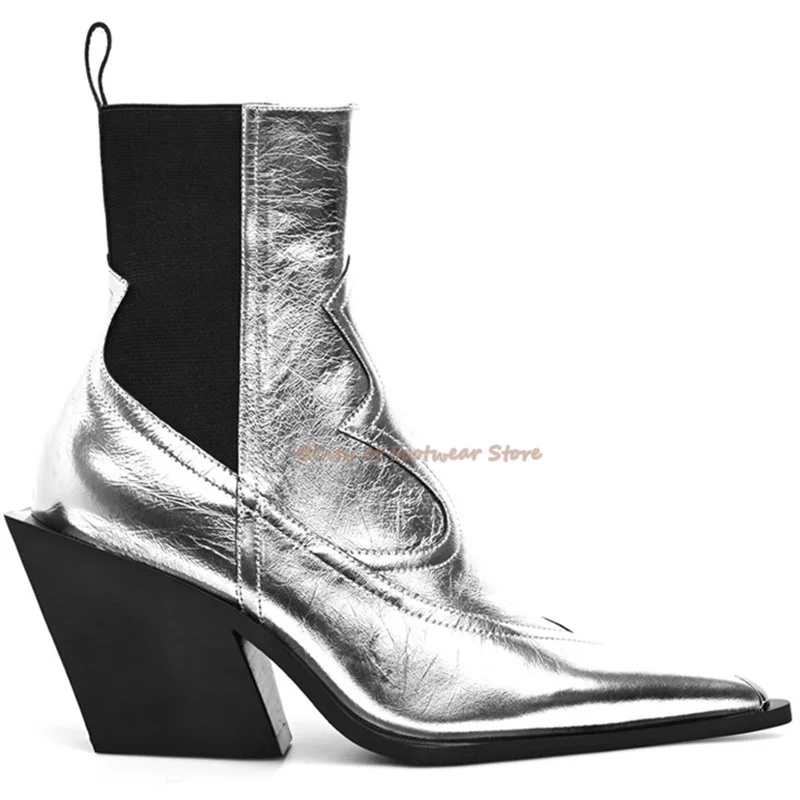 

Sliver Pointy Toe Wedge Heeled Chelsea Boots Women Black Chunky Pull on Patent Leather Booties Outfits Luxury Designer Shoes