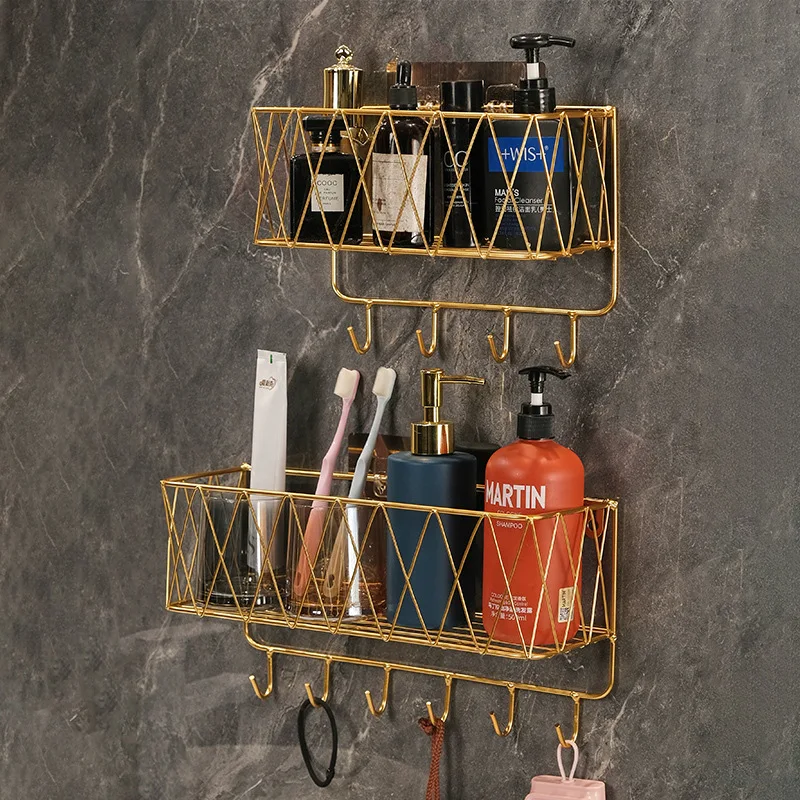 

Bathroom Shelf Wall Mounted No-drill Storage Rack Luxury Bedroom Organizer Basket Toilet Toothbrush Holder Bathroom Accessories