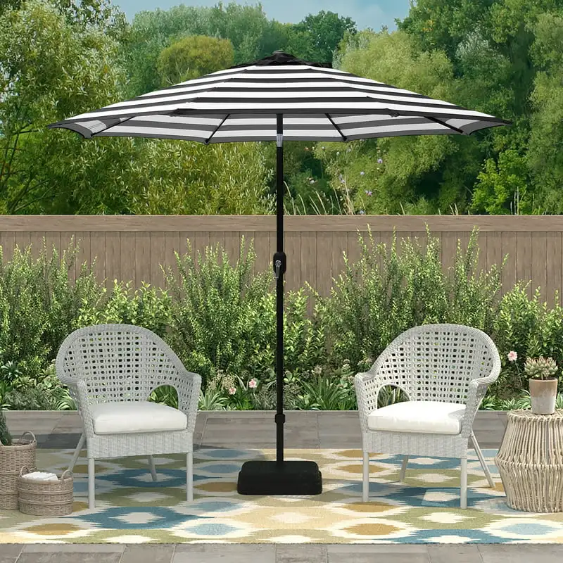 

9 ft. Steel Crank and Tilt Market Patio Umbrella Black and White Stripe