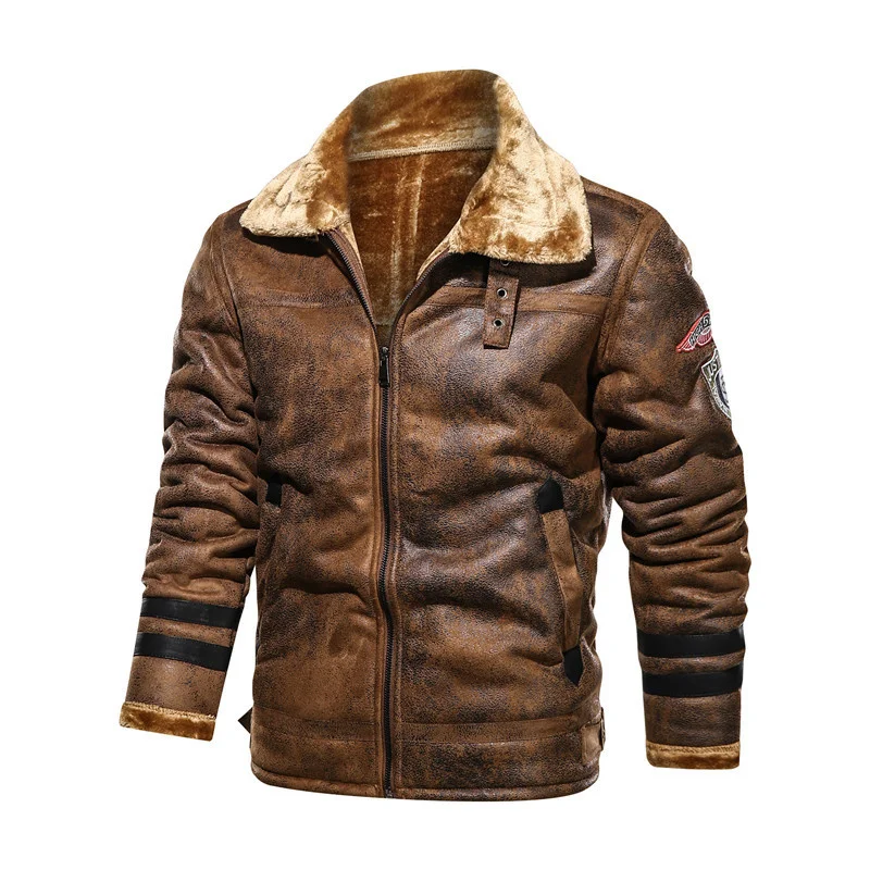 

Winter lamb wool lapel leather jacket men's tide brand loose plus velvet fur all-in-one motorcycle jacket cotton jacket thick