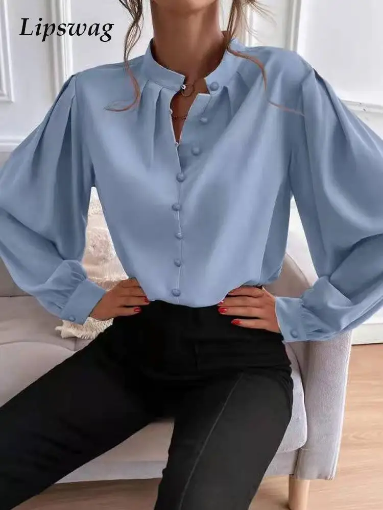 

Elegant Stand Collar Women Shirt Blouse Fashion Single-breasted Buttoned Solid Top Blusa Casual Office Lady Lantern Sleeve Shirt