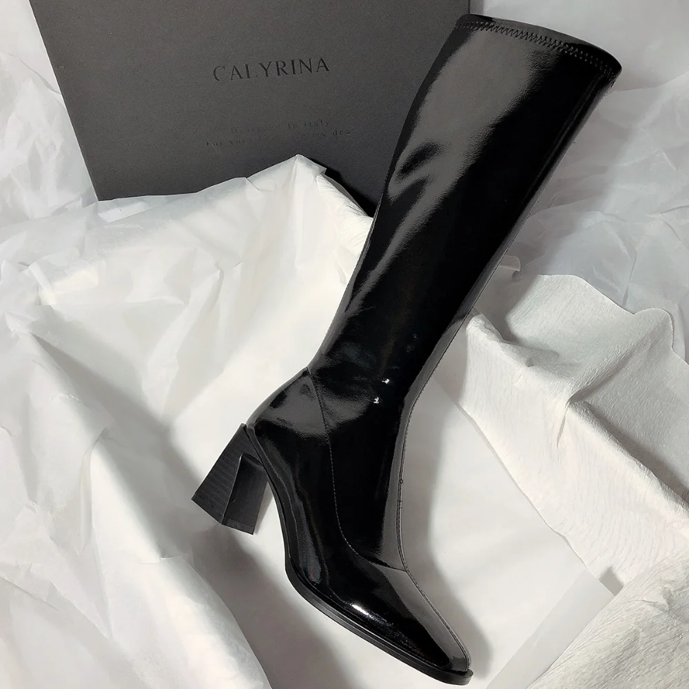 Patent Leather High Heels Long Boots Women 2022 Autumn Square Toe Knee-high Botas Woman Side Zipper Thick Heeled Shoes Female