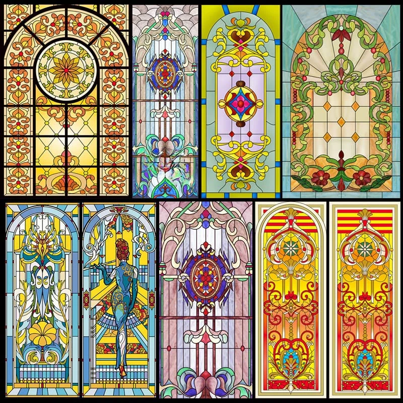 Painted Glass Frosted Art Window Paper Sliding Door Kitchen Bathroom Tiffan Retro Church Film Sticker