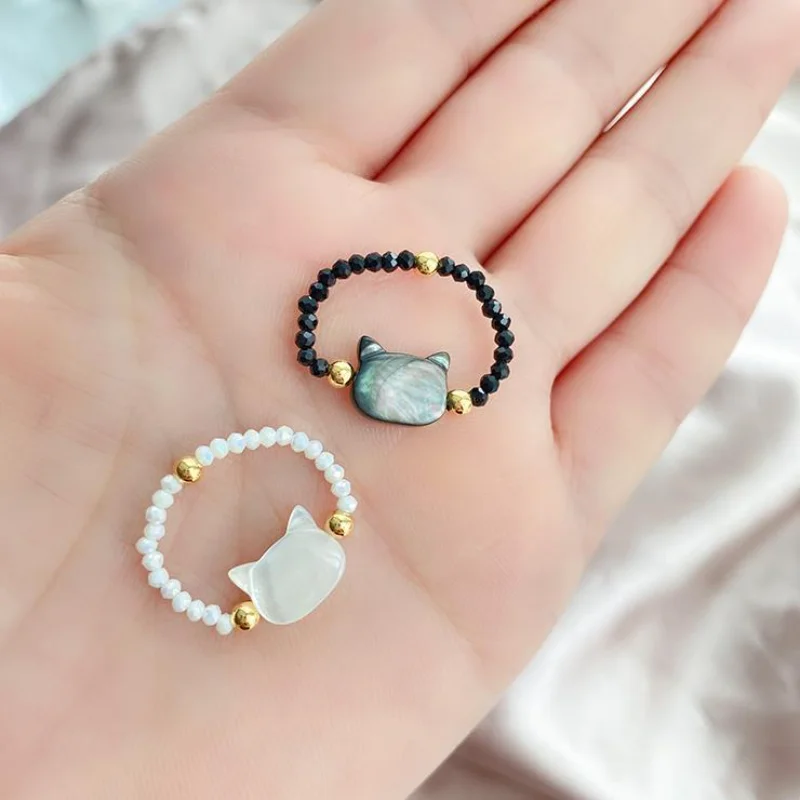

New Fashionable Cat Ring Female Personality Niche Design Cute Crystal Beaded Shell Adjustable Ring Index Finger Ins Fashion