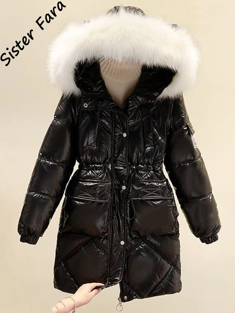 

Sister Fara Waterproof Glossy Disposable Padded Jacket Women Loose Casual Down Padded Coat Large Size Fur Collar Long Parka Coat