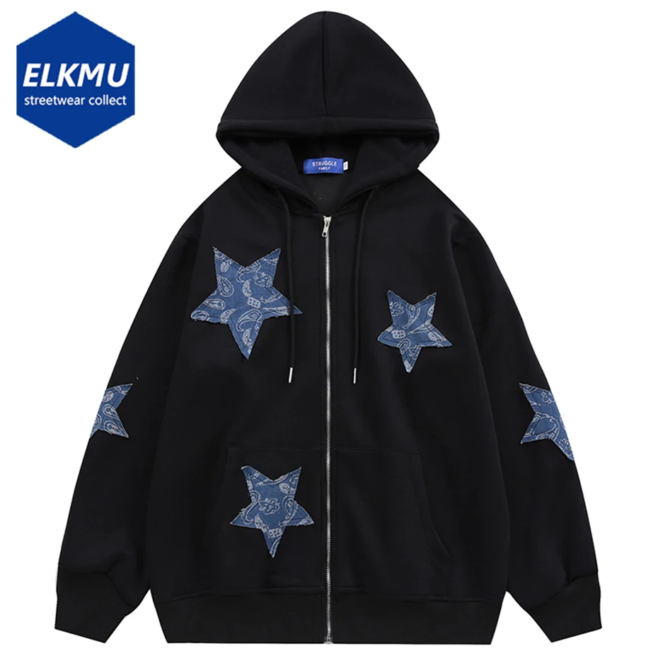 

Paisley Star Patchwork Hoodie Streetwear Hip Hop Oversized Harajuku Men Hooded Sweatshirts Fashion Loose Y2K Zip-up Hoodies 2023
