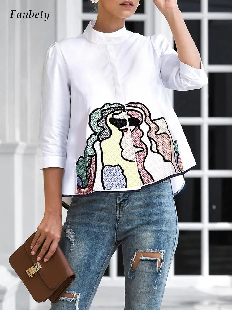 

Женская блузка, Модный пуловер с высоким воротником и вышивкой на пуговицах, блузка, Весенняя элегантная повседневная рубашка средней длин...