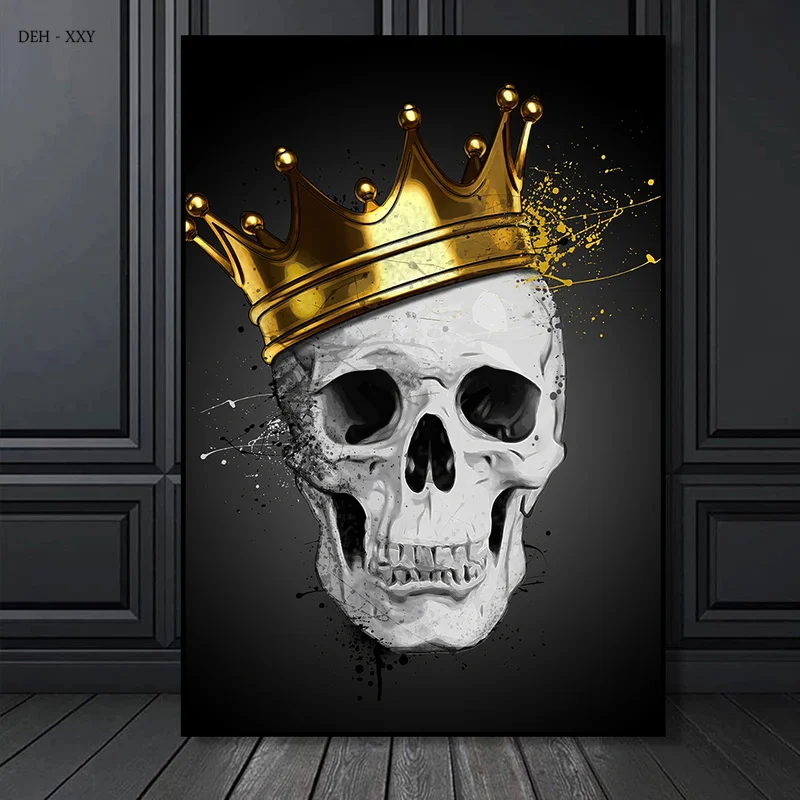 

King Skull with Golden Crown Art Canvas Painting Gold Kull Luxury Poster Unique Cool Wall Art Pictures Home Room Bar Wall Decor