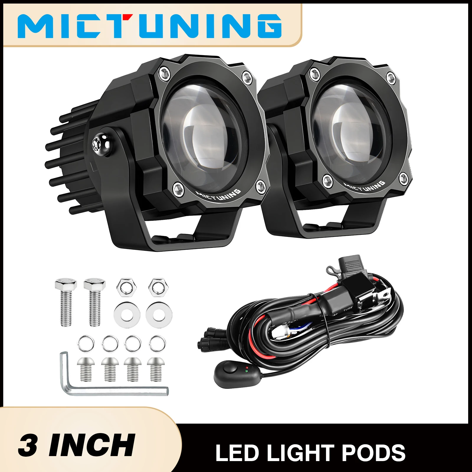 Фото Светодиодные фары MICTUNING, 3 дюйма, 72 Вт, квадратные, для бездорожья, противотуманные, точечный луч, вспомогательное автомобильное освещение, 12В/24В для автомобиля №2