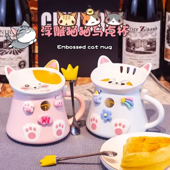 Cute Cartoon Cat Heat-resistant Mug Creative With Lid 450ml Cup Kitten Coffee Ceramic Mugs Children Cup Office Drinkware Gift