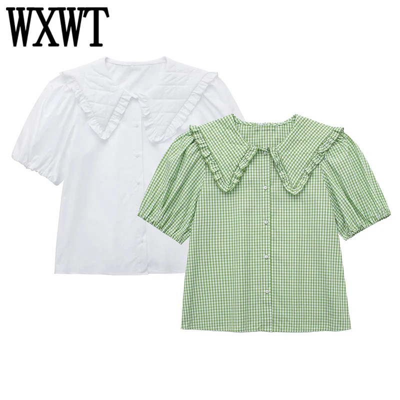 

WXWT 2022 Женская модная клетчатая рубашка из поплина с принтом, летняя блузка с коротким рукавом, женские универсальные топы, женская рубашка ...