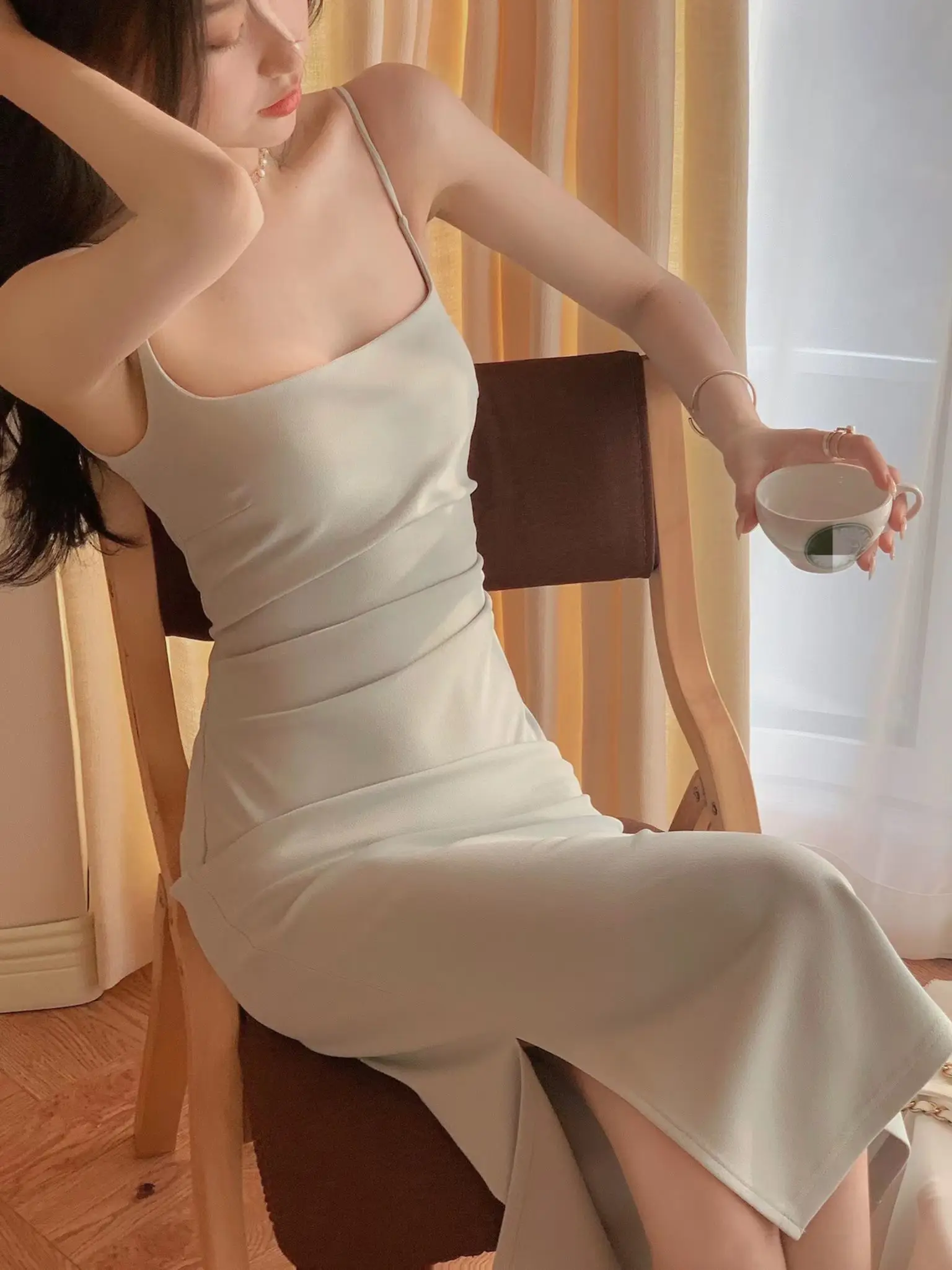 

Summer Women Elegant Spaghetti Strap Sleeveless Midi Bodycon Dress Solid Clothing Femme Fashion Robe Vestidos