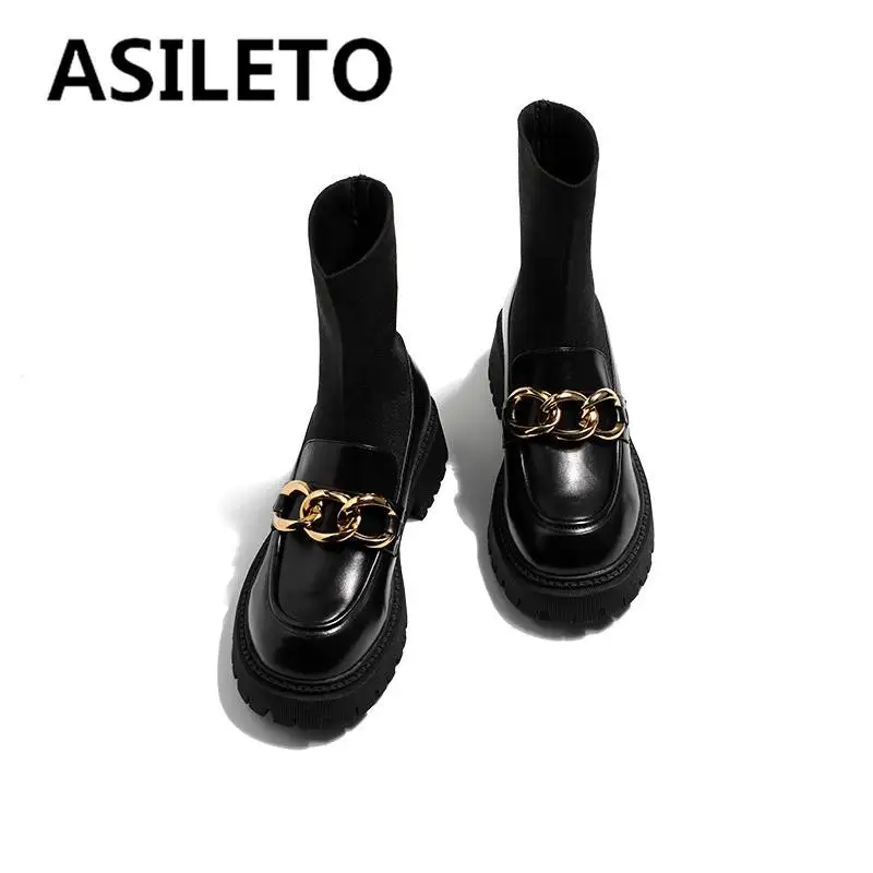 

Женские сапоги-носки ASILETO с круглым носком, без шнуровки, на толстом каблуке, с металлической платформой, твердая черная модная женская обув...