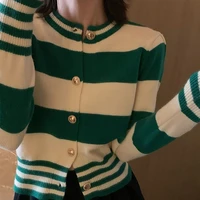 2022 autumn winter stripe o neck womens knitting cardigan button single breasted ribbed knitting sweater korean casual cardigan
