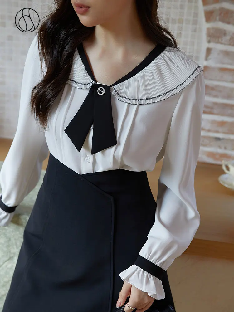 

DUSHU French Retro Women Long Sleeve Turn-Down Collar Blouse Patchwork Spring New Shirts Detachable Tie Design White Shirt