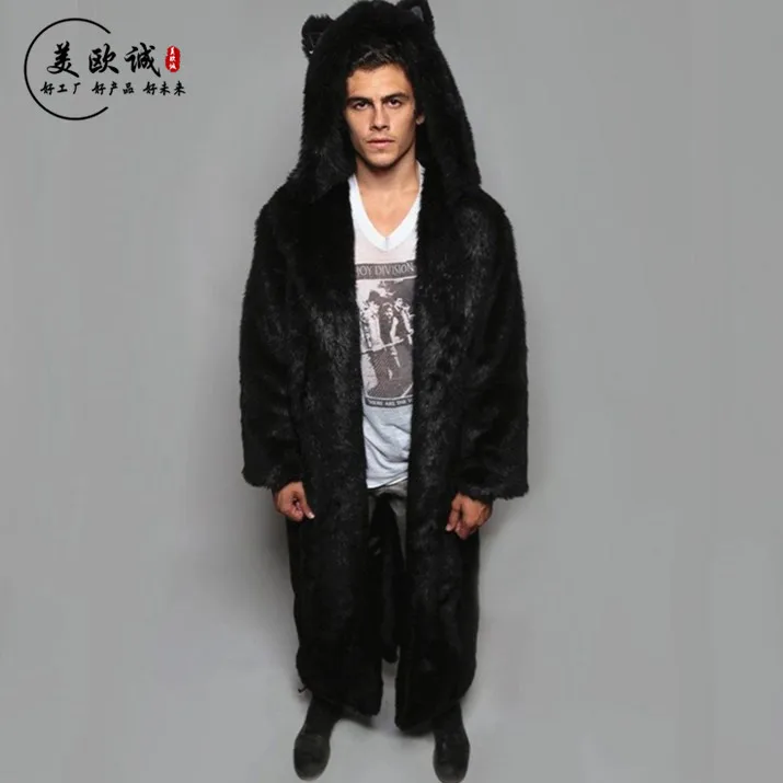 Мужское меховое пальто зимнее Удлиненное из искусственного меха с капюшоном для