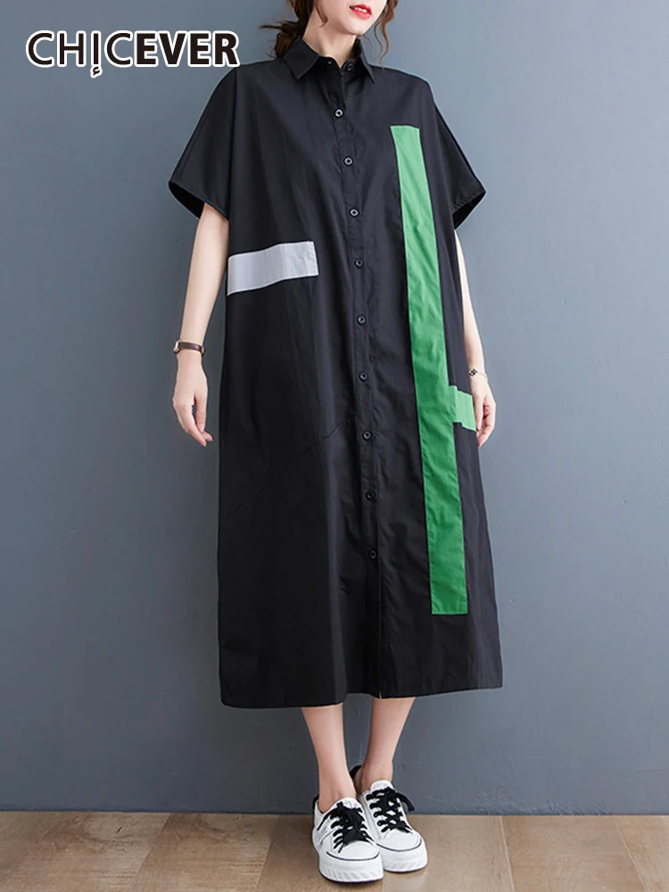 

CHICEVER Hit Color Patchwork Dresses For Women Lapel Short Sleeve High Waist Single Breasted Oversize Dress Female Summer New