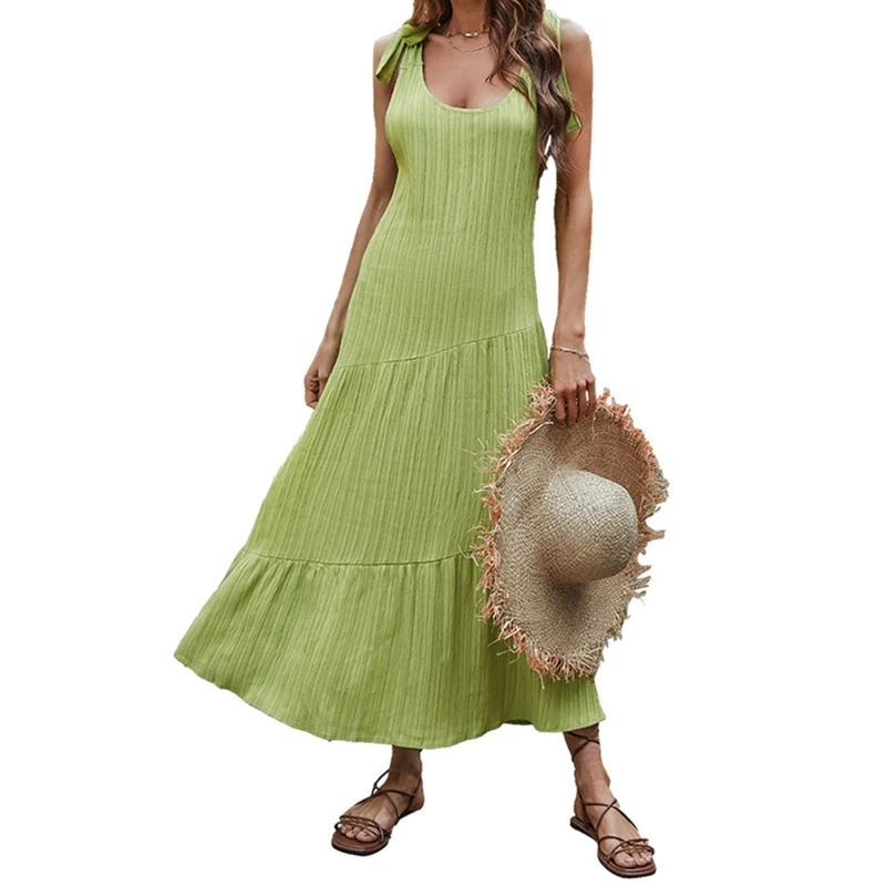 

Women Summer Sleeveless Tie Straps Maxi Long Flowy Dress Sexy Low Cut Neck Backless Solid Color Ribbed Striped Ruffle Flare Hem