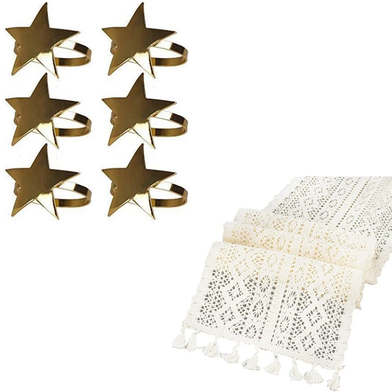 

6 Pcs Five-Pointed Star Napkin Ring, Christmas Napkin Ring With Cotton Crochet Vintage Table Runner And Tassels