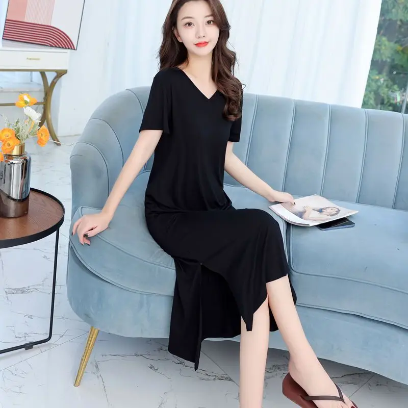 Ночная рубашка женская из модала с коротким рукавом длинное тонкое Летнее