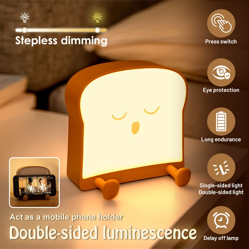 

Cute Toast Bread LED Night Light USB Rechargeable Table Lamp Bedroom Bedside Decor Night Lamp Kids Birthday Gift Toy Sleep Light