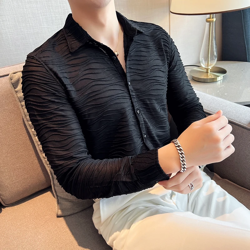 2022 Water Ripple Shirts for Men Autumn Long Sleeve Slim Fit Casual Shirt Business Social Dress Shirts Party Tuxedo Blouse M-4XL