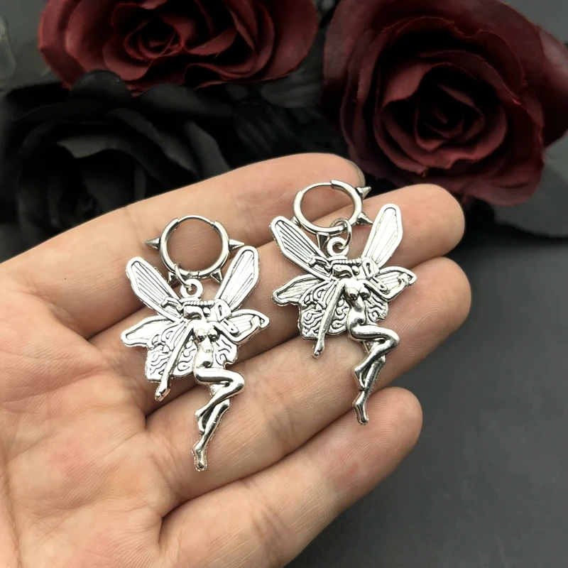 Винтажные серьги в стиле панк с бабочкой феей ангелом гранж женское аниме