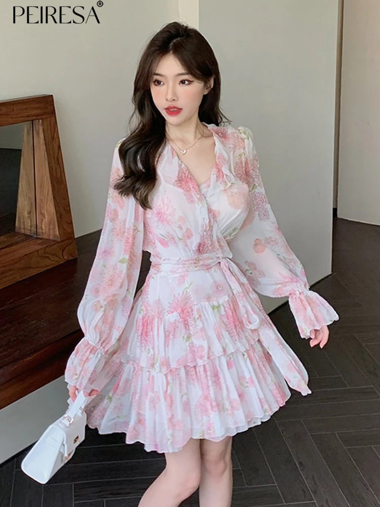 

PEIRESA French Elegant Floral Print V Neck Dress Women Ruffles Lantern Sleeve Lace Up Fairycore Short Dresses Female Clothes