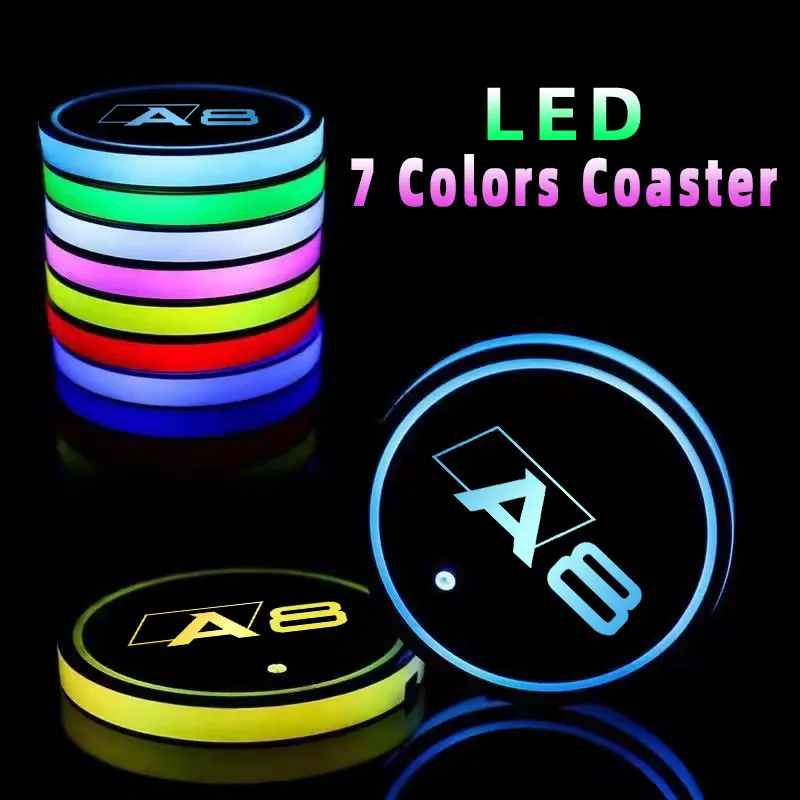 

Car Logo Led Atmosphere Light 7 Colorful Cup Luminous Coaster Holder For Audi A8 2004-2014 2016-2020 2021 2022 Auto Accessories