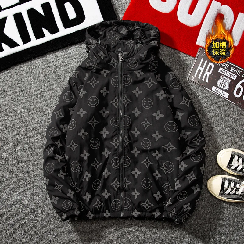 

YASUGUOJI Streetwear Winter Printed Cotton Padded Parkas Jacket Men Fashion Reflective Mens Outerwear Zipper Hooded Thin Coats