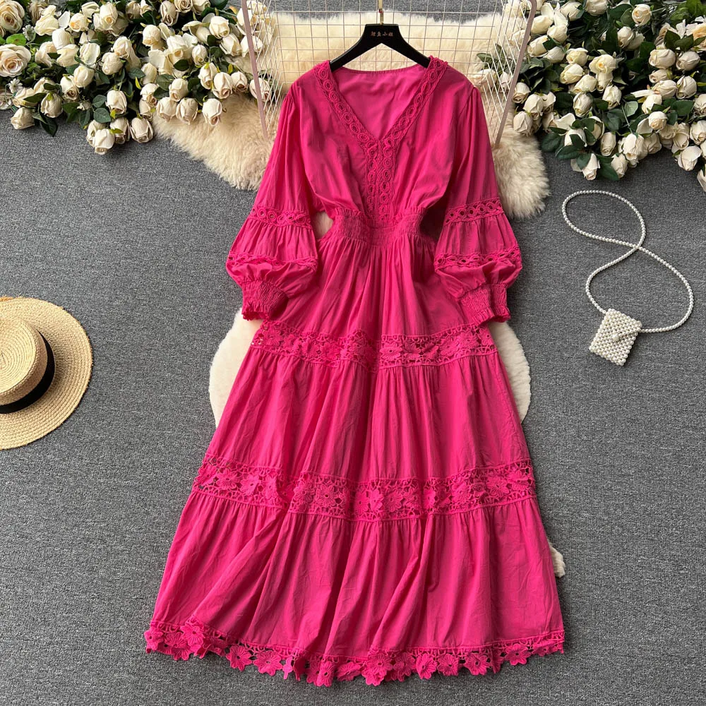 Court Women's Summer New Fashion V-neck Long Sleeve Cutout French Elegant A-line Dress Solid Color Party Vestidos Femininos K766