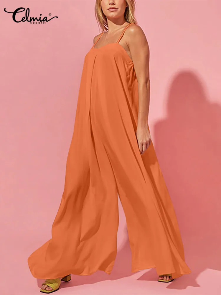 

Celmia Women Sleeveless Jumpsuits Casual Strappy Wide Leg Pants Beach Overalls Summer Fashion Holiday Sexy Backless Long Rompers