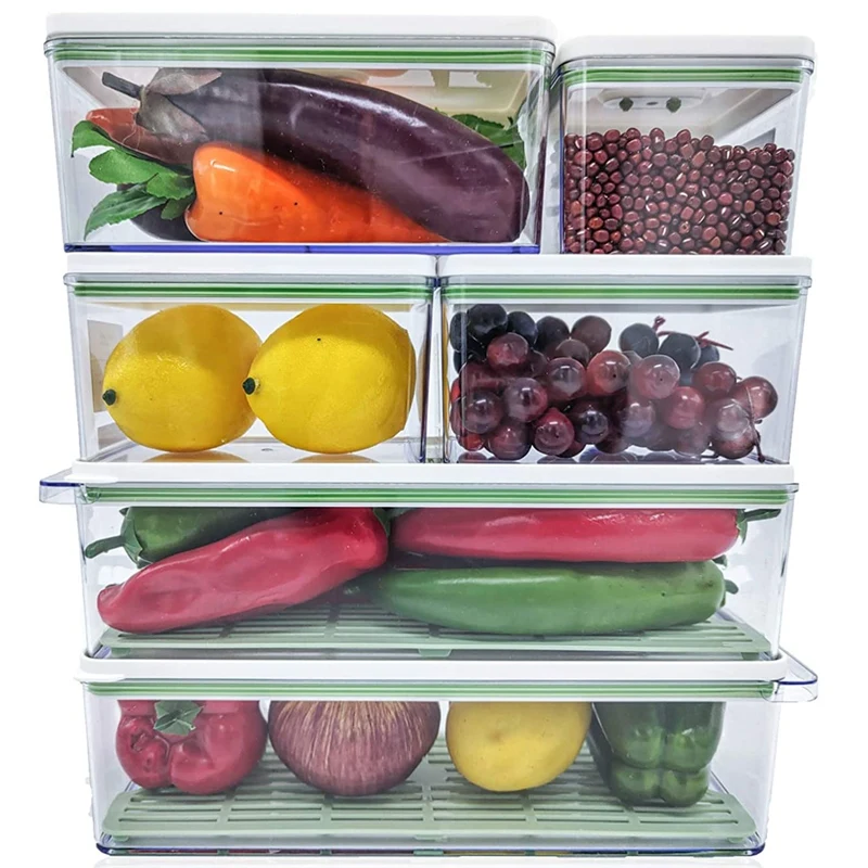 

6 Pack Plastic Stackable Food Storage Containers with Vented Lids and Drain Tray for Refrigerator Produce Saver