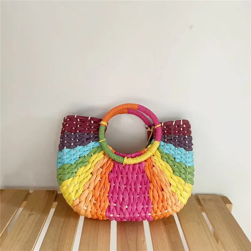 Summer Beach Bags Handmade Half-Round Rattan Woven Straw Bag New Colorful Large Totes Capacity Ladies Handbags Vacation Handbag