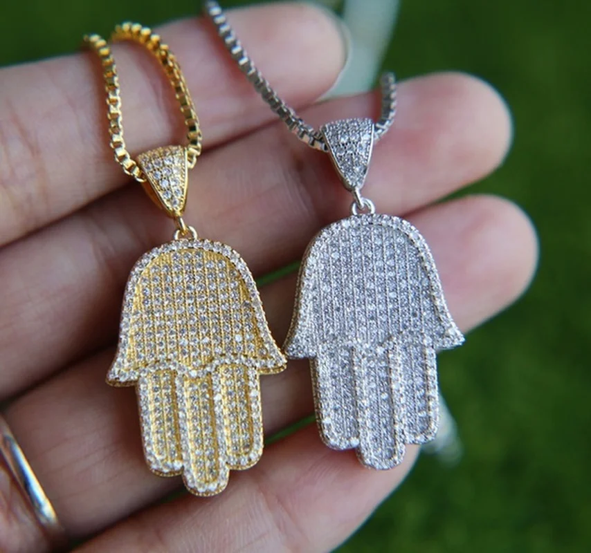 Hip Hop Unisex Luxury Jewelry Italy Twisted Chain Fatima's Hand Hamsa Palm Pendant Necklace Iced Out Cool Mens Fashion Jewelry
