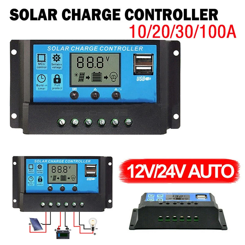 Солнечный Контроллер 12 В/24 В 10 А-30 А 100 ШИМ Регулятор С ЖК-дисплеем Двойной Выход USB
